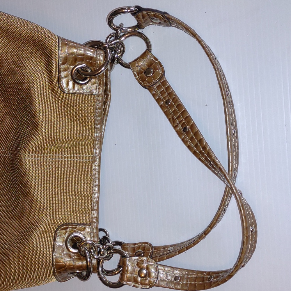 VINTAGEโฎ KATHY VAN ZEELAND Gold Fabric/Croc Leather Hobo - Picture 7 of 13